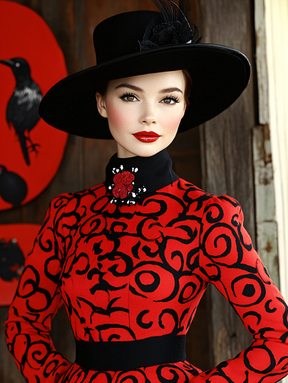 Elegant Woman In Red Dress And Black Hat