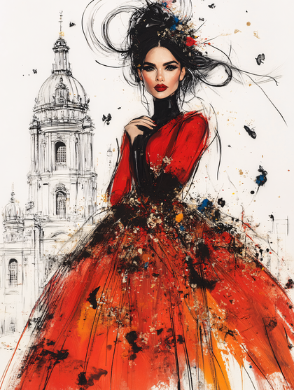 Elegant Woman In Red Dress With Architectural Background