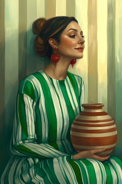 Elegant Woman In Striped Dress With Vase Digital Painting
