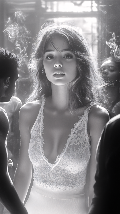 Elegant Woman in White Dress Surrounded by People