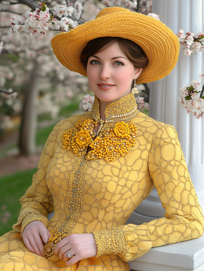 Elegant Woman In Yellow Dress And Hat Posing Outdoors