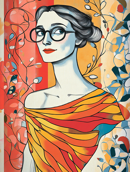 Elegant Woman with Glasses and Abstract Floral Background