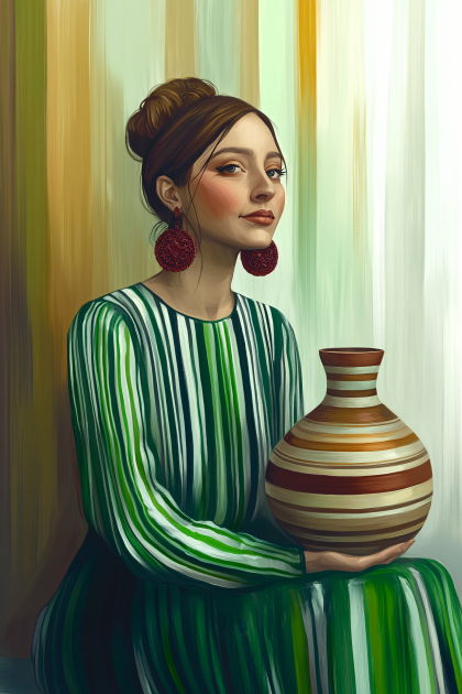 Elegant Woman With Striped Dress Holding Vase