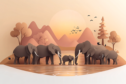 Elephant Family at Sunset