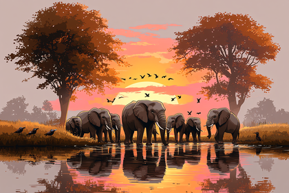 Elephant Family at Sunset