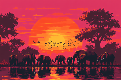 Elephants at Sunset Silhouette
