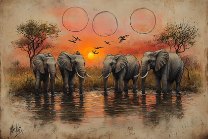 Elephants In African Sunset