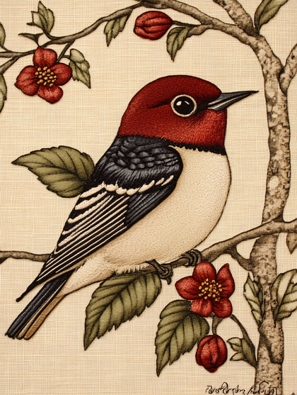 Embroidered Bird on Flowering Branch