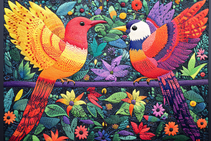 Embroidered Birds and Floral Arrangement