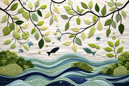 Embroidered River Landscape with Leaves and Fish