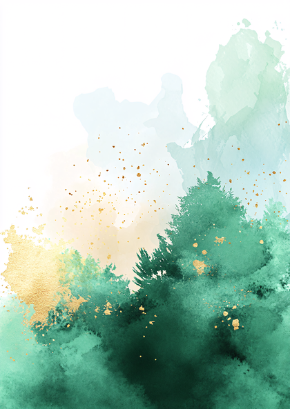 Emerald Green Watercolor Forest with Gold Glitter