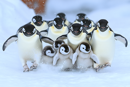 Emperor Penguin Family Strolling In Antarctic Snow