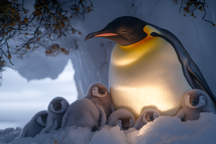Emperor Penguin Mother and Chicks in Snow