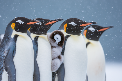 Emperor Penguins In Snow With Chick
