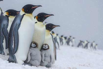 Emperor Penguins with Chicks in Snowy Antarctica