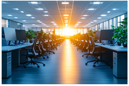 Empty Modern Office Space With Sunlight Streaming Through Windows