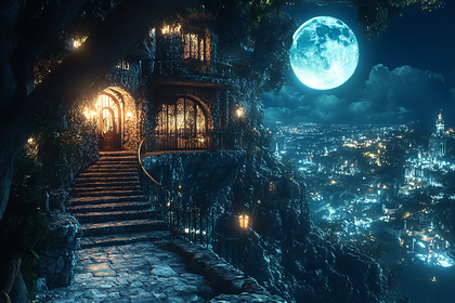 Enchanted Cliffside Home Under Moonlight