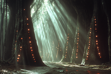 Enchanted Forest Path with Luminous Orbs