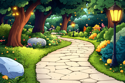 Enchanted Forest Path with Stone Lanterns