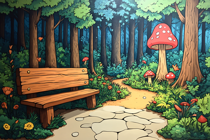 Enchanted Forest Path with Wooden Bench and Mushrooms