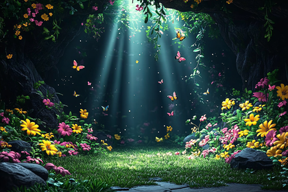 Enchanted Forest with Butterflies and Flowers