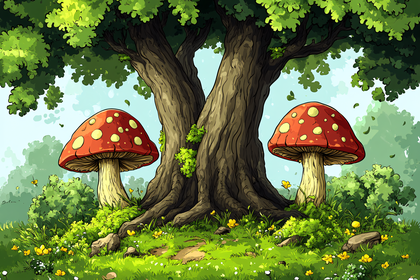 Enchanted Forest With Giant Mushrooms
