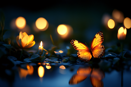 Enchanted Night Garden: Butterfly, Lotus, and Candlelight Reflections
