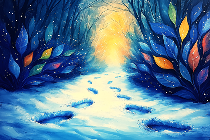 Enchanted Snowy Path with Leaves