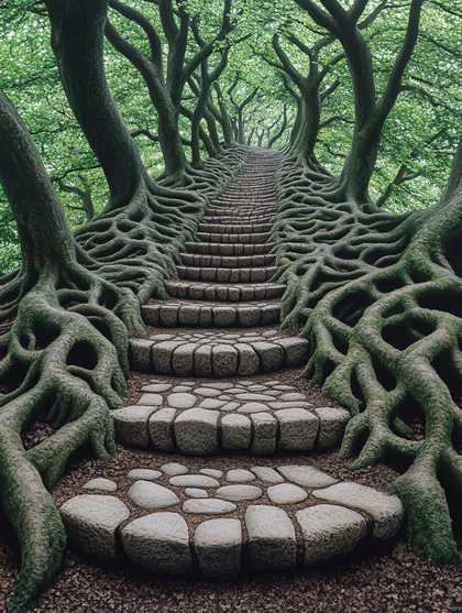 Enchanted Stone Staircase in Forest Roots Path