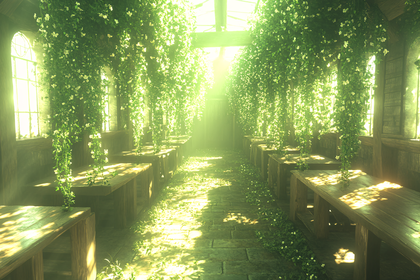 Enchanted Sunlit Greenhouse Interior with Hanging Floral Vines