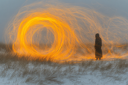 Enigmatic Figure in Swirling Light