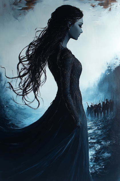 Enigmatic Woman In Dark Dress By The Shore