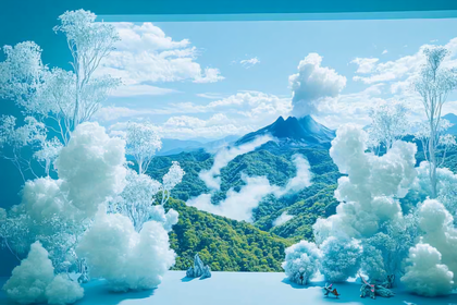 Erupting Volcano in Dreamy Landscape