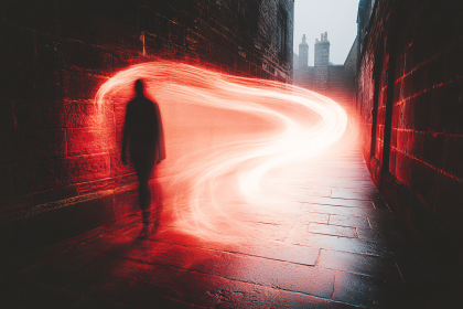 Ethereal Figure Walking Down Stone Alleyway