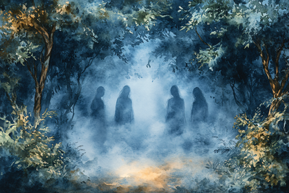 Ethereal Figures in Misty Forest