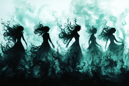 Ethereal Silhouetted Figures in Teal Mist
