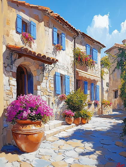 European Street Scene with Flowers and Blue Shutters