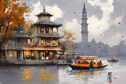 Evening Cityscape with Pagoda and Boats