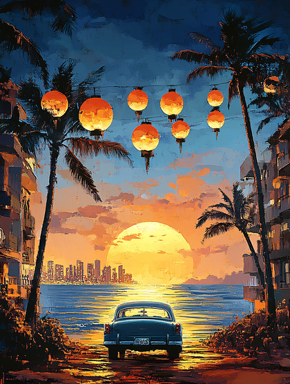 Evening Lanterns Over Tropical Sunset