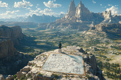 Explorer Contemplating Map on Mountain Peak