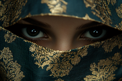 Eyes Behind Golden Patterned Veil