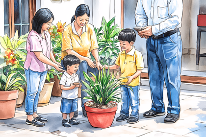Family Gardening Together Watercolor