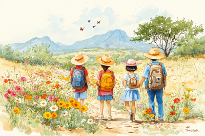 Family Hike in Flower Field