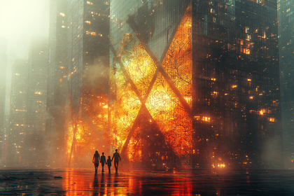 Family In Glowing Futuristic Cityscape At Dusk