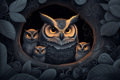 Family Of Owls In Tree Hollow