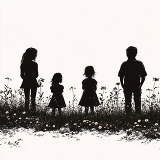 Family Silhouettes In Meadow