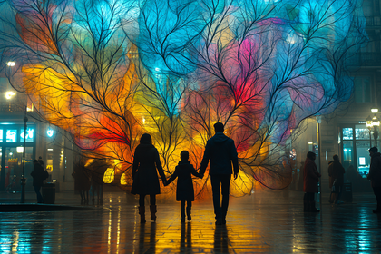 Family Under Colorful Light Tree