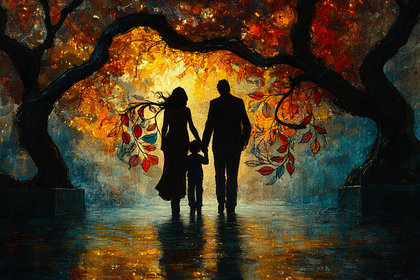 Family Walk In Autumn Evening
