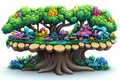Fantasy Tree Platform with Colorful Flora and Fauna
