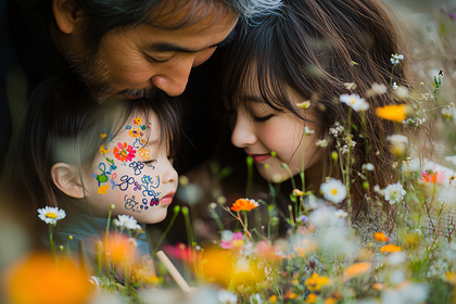 Father Daughter And Mother In Flower Field